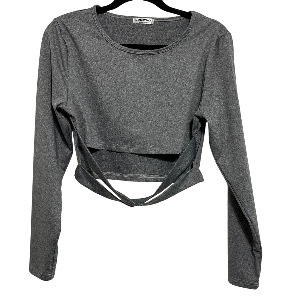 Coolrun Activewear Top Women Gray Long Sleeve Cutout Waist Thumbhole Cropped L